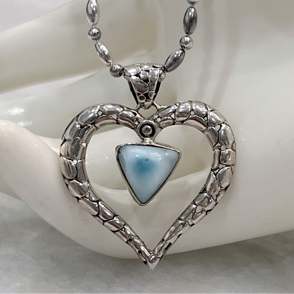 Larimar Pebbled Sterling Silver Heart Pendant 20” Necklace